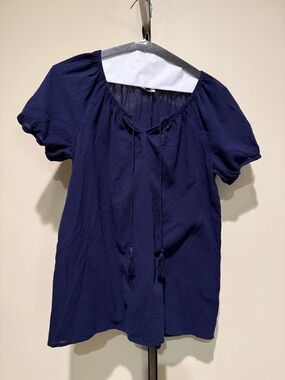 Joie Navy Short Sleeve Tie-Neck Peasant Top
